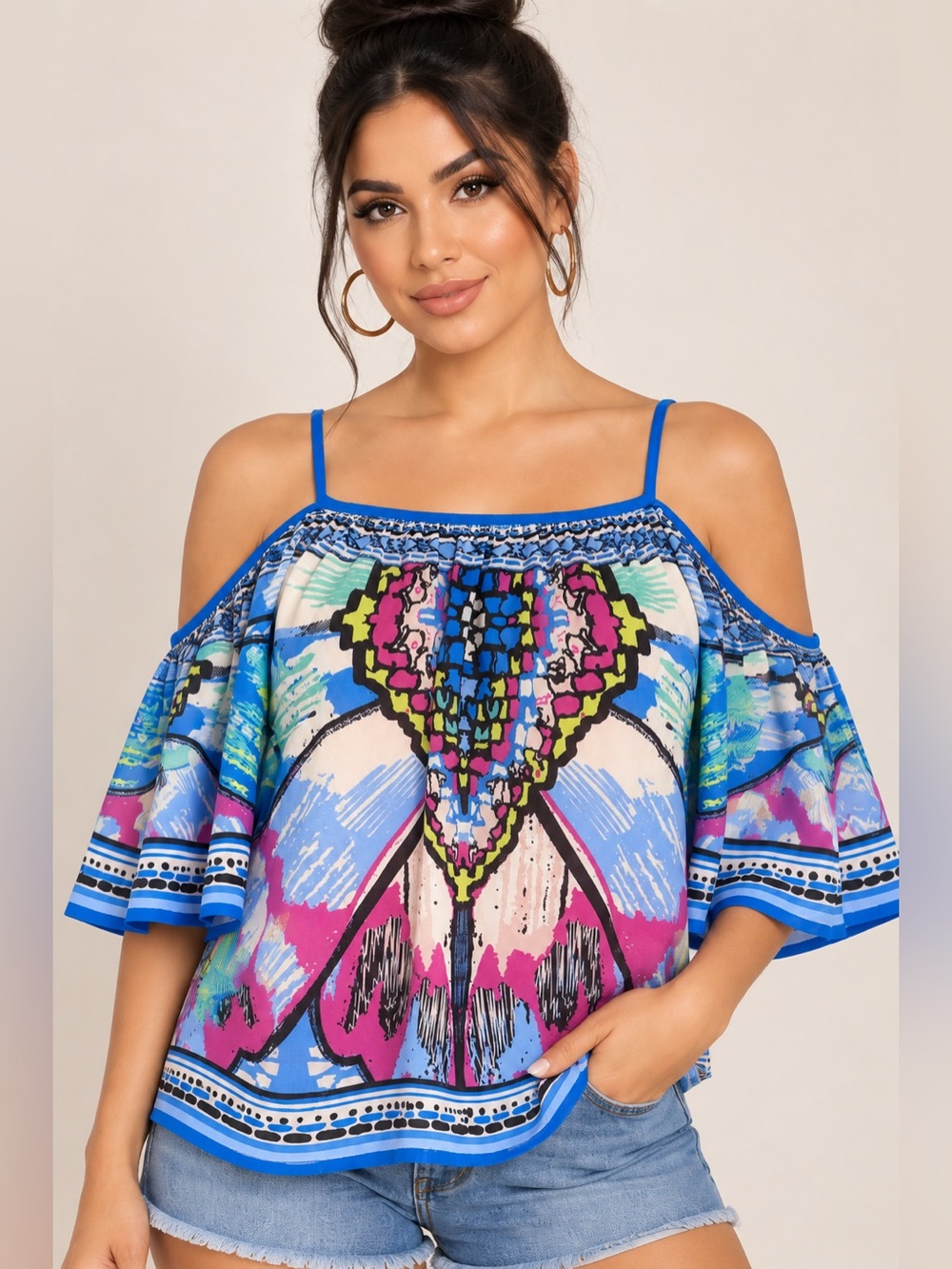 Flying Tomato Cold-Shoulder Camisole in Blue and Pink